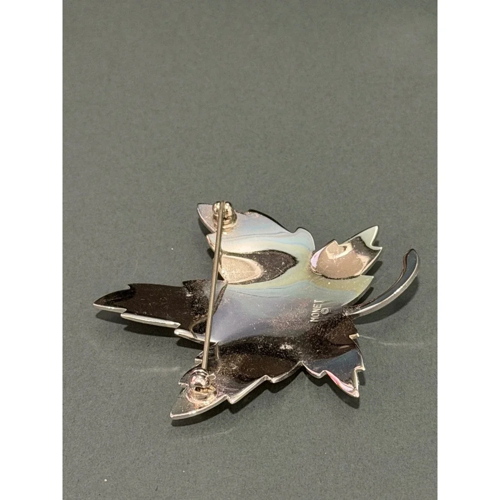 Monet Maple Leaf Brooch Silver Tone Layered Vintage Textured High Polished Pin